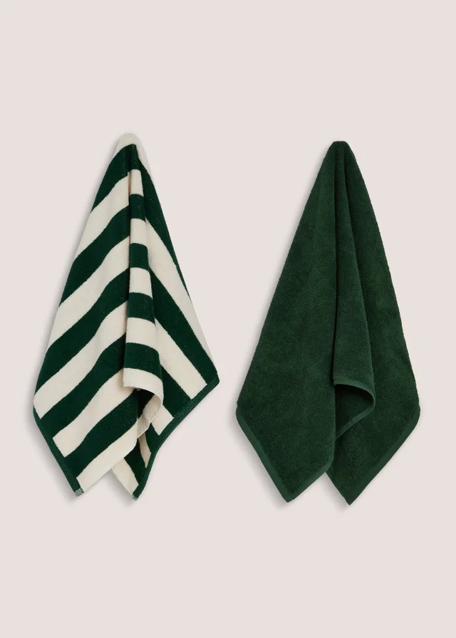 2 Pack Green Striped Hand Towels