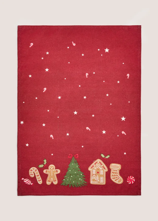 Red Gingerbread Christmas Tea Towel