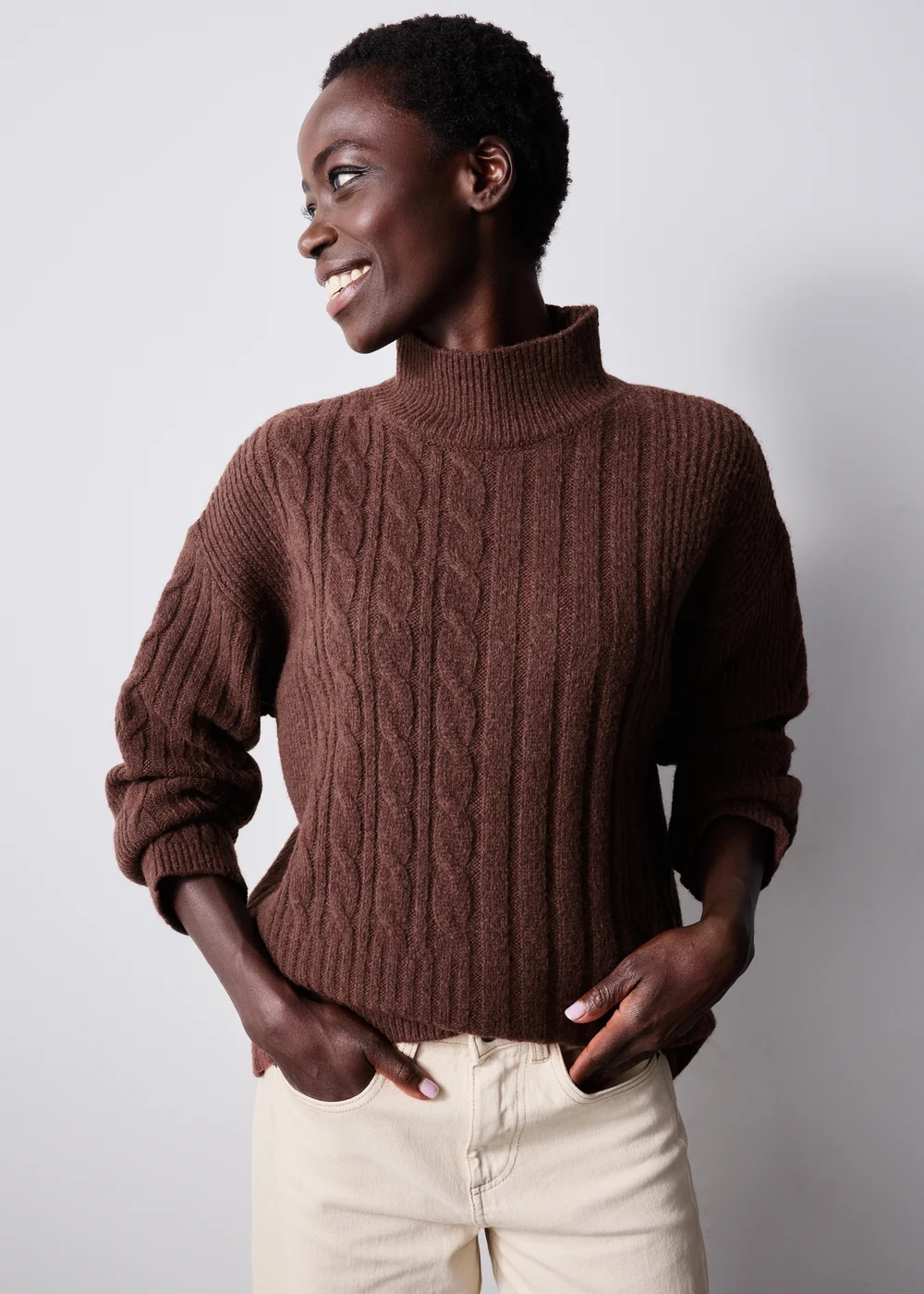 Brown Cable Knit Roll Neck Jumper - XS Image 1