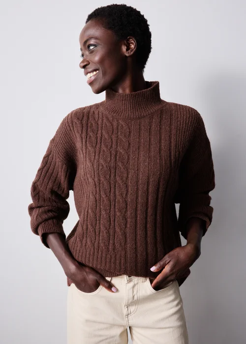 Brown Cable Knit Roll Neck Jumper - XS Image 1