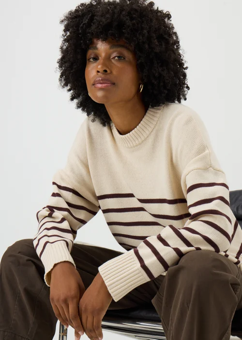 Cream Stripe Rib Hem Knitted Jumper - XS Image 1