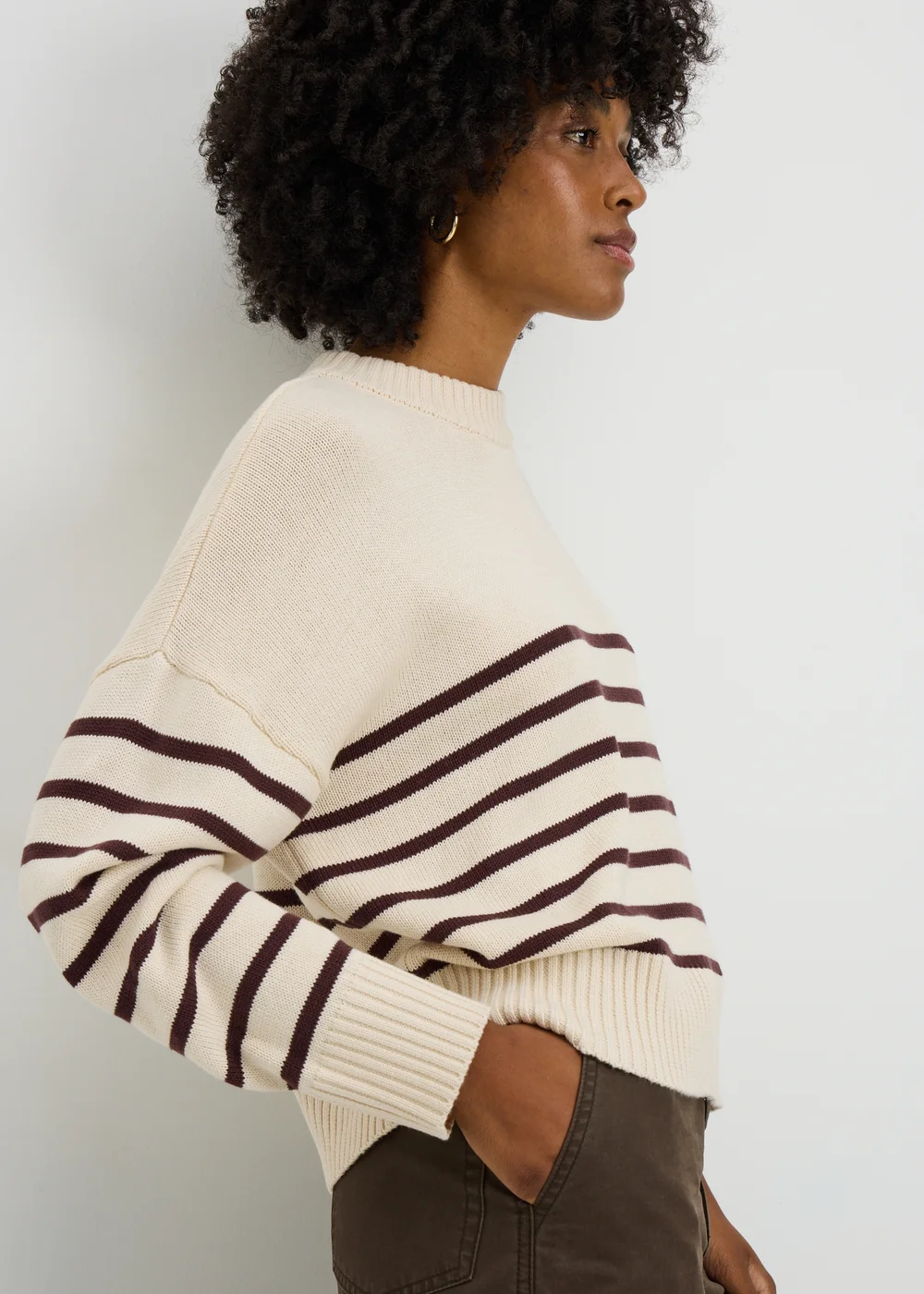 Cream Stripe Rib Hem Knitted Jumper - XS Image 2