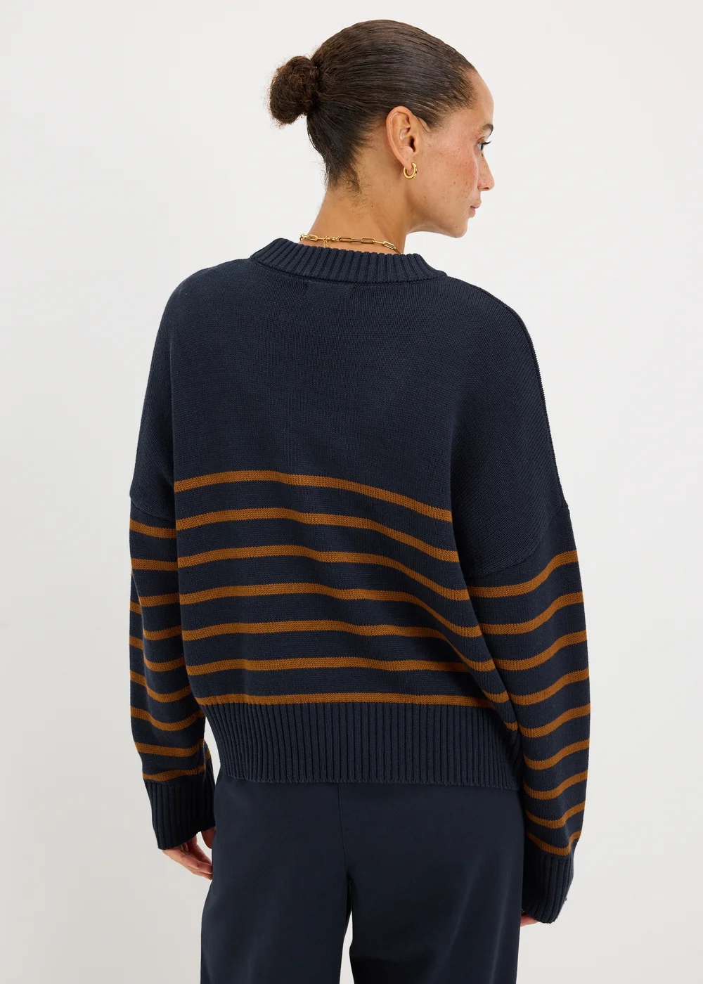 Navy Stripe Rib Hem Knitted Jumper - XS Image 3