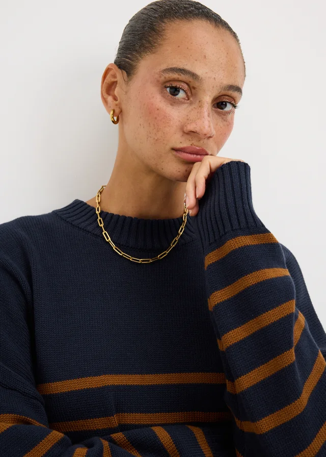Navy Stripe Rib Hem Knitted Jumper