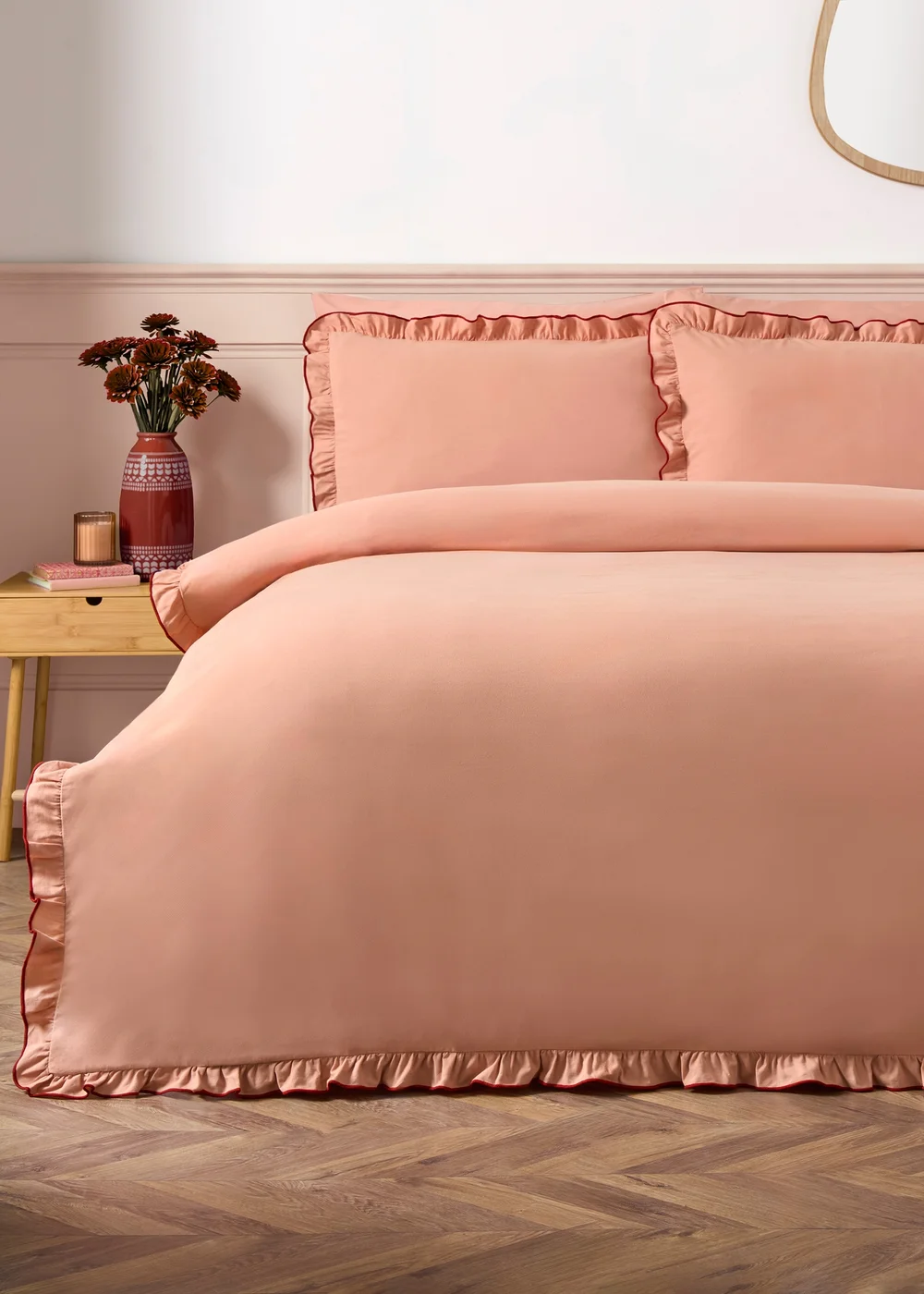 Pink Embroidered Frill Duvet Set - Single Image 1