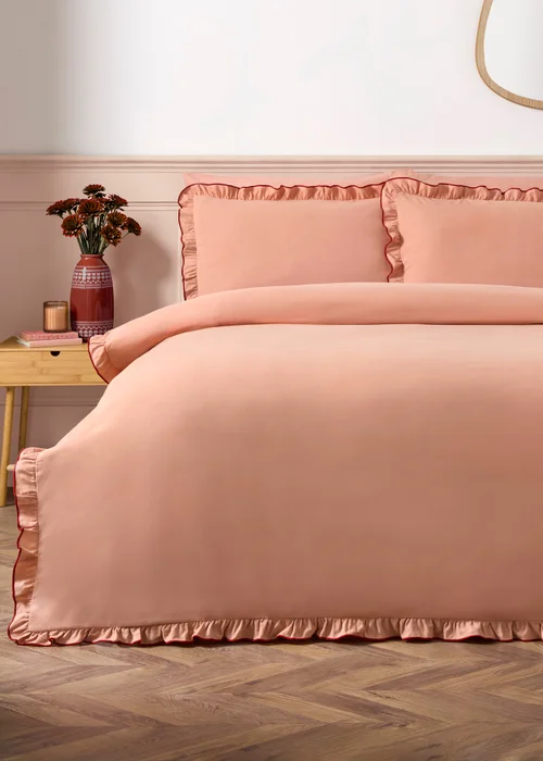 Pink Embroidered Frill Duvet Set - Single Image 1