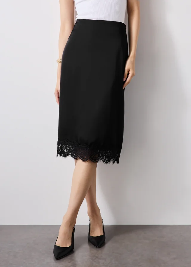 Black Satin Lace Trim Pencil Skirt