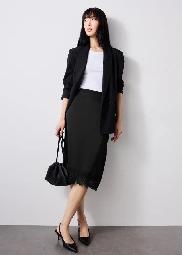 Black Satin Lace Trim Pencil Skirt