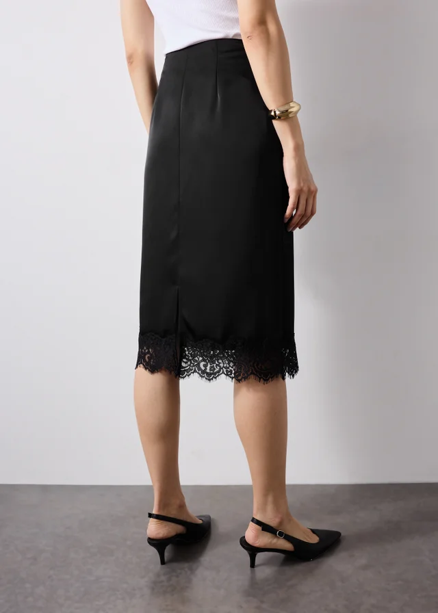 Black Satin Lace Trim Pencil Skirt
