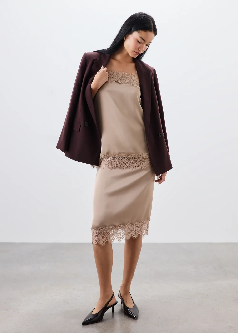 Mocha Satin Lace Trim Midi Skirt - 8 Image 1