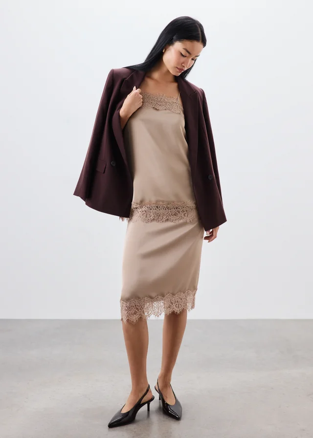 Mocha Satin Lace Trim Midi Skirt