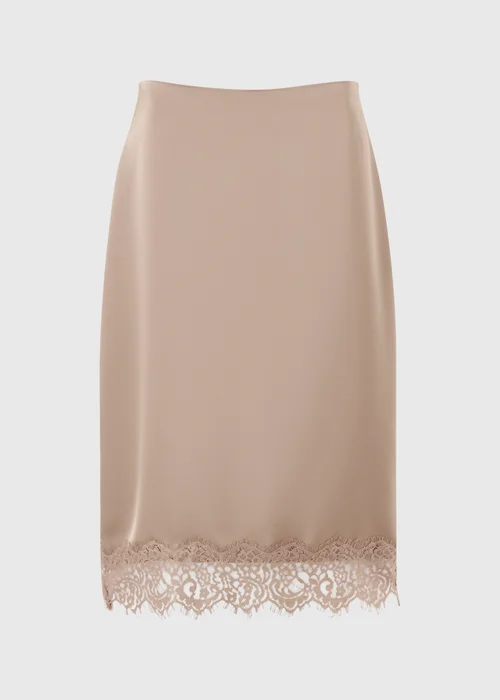 Mocha Satin Lace Trim Midi Skirt - 8 Image 4