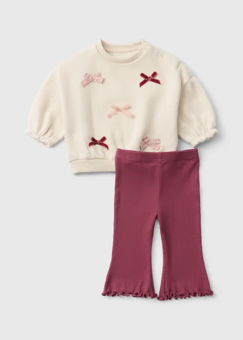 Girls Cream Bow Sweatshirt & Flared Leggings (0-23mths) - Up to 1 Month Image 1