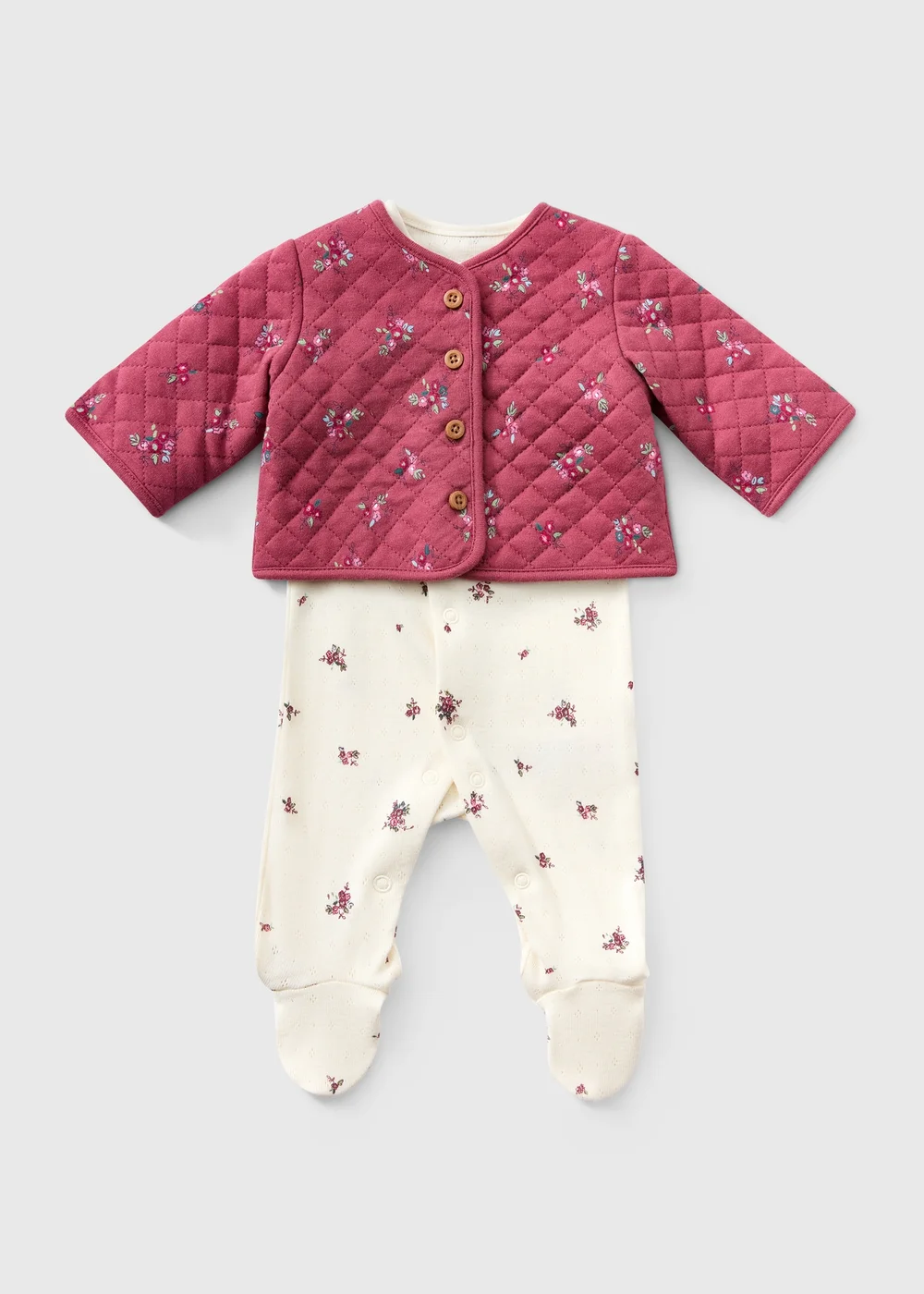 Baby Burgundy Floral Sleepsuit & Jacket Set (0-18mths) - First Size Image 1