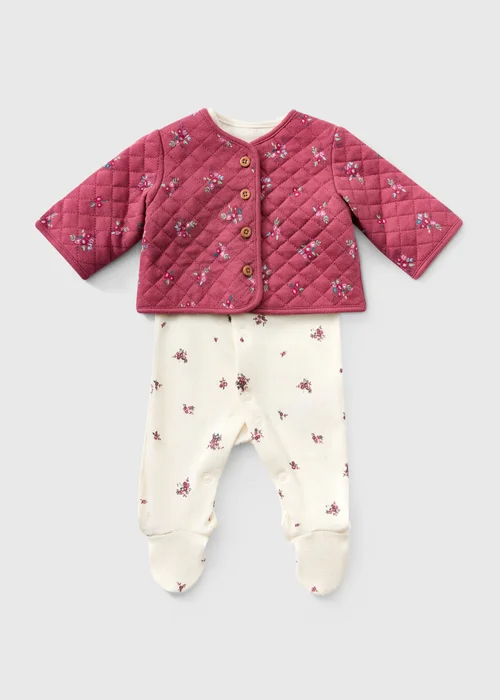 Baby Burgundy Floral Sleepsuit & Jacket Set (0-18mths) - First Size Image 1
