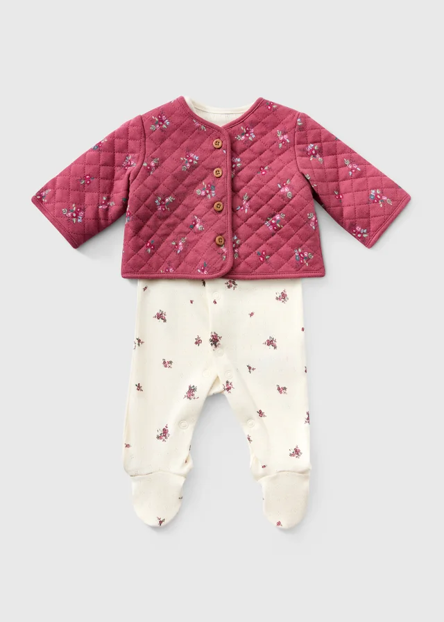 Baby Burgundy Floral Sleepsuit & Jacket Set (0-18mths)