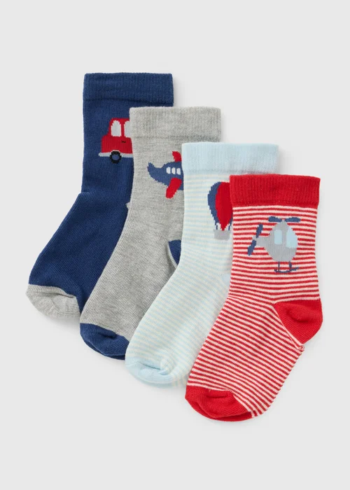 4 Pack Boys Blue Transport Socks (0-3yrs) - Up to 1 Month Image 1