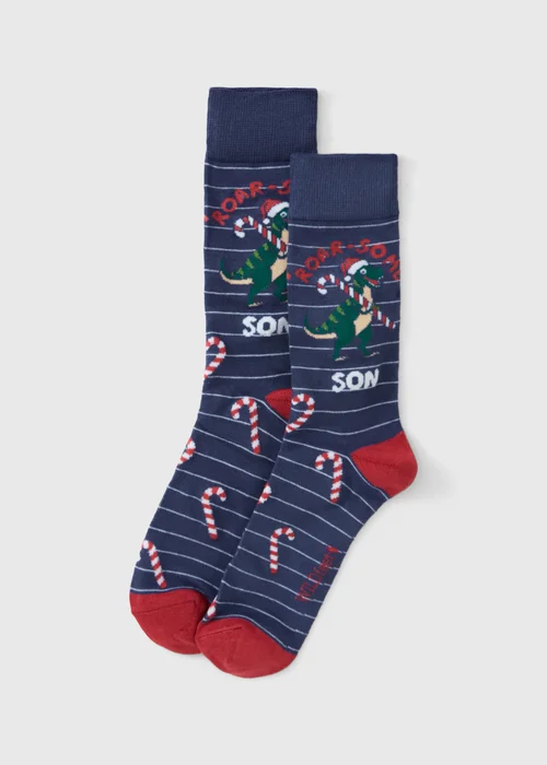Navy Festive Dinosaur Socks - One Size Image 1