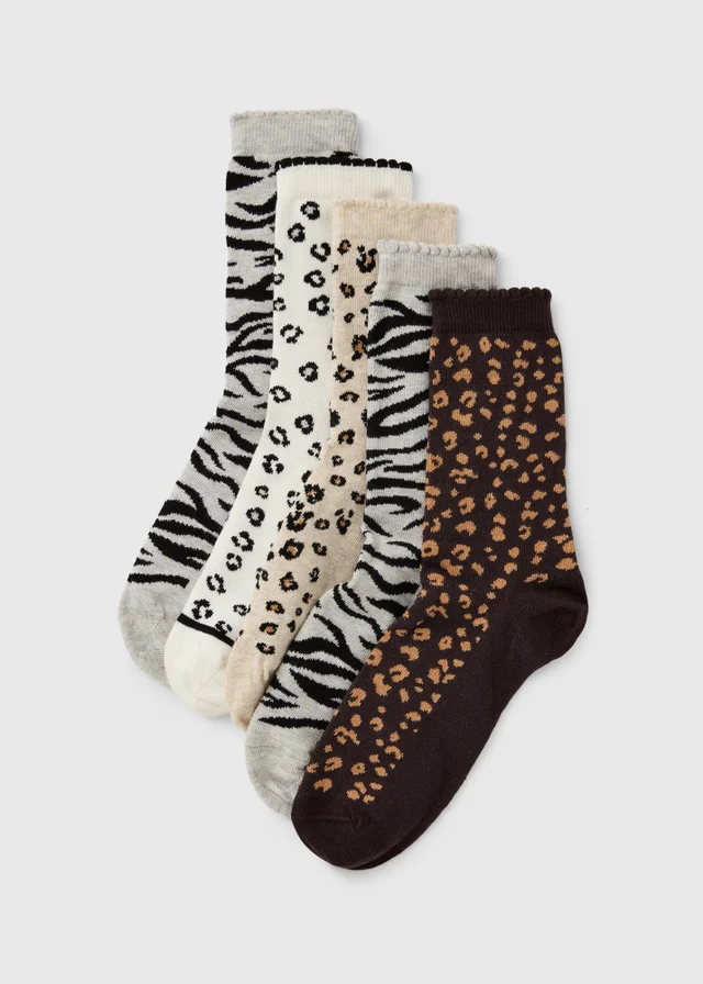 5 Pack Multicoloured Leopard Print Ankle Socks