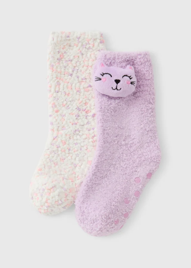 Girls Lilac Cat & Fleece Socks 2 Pack