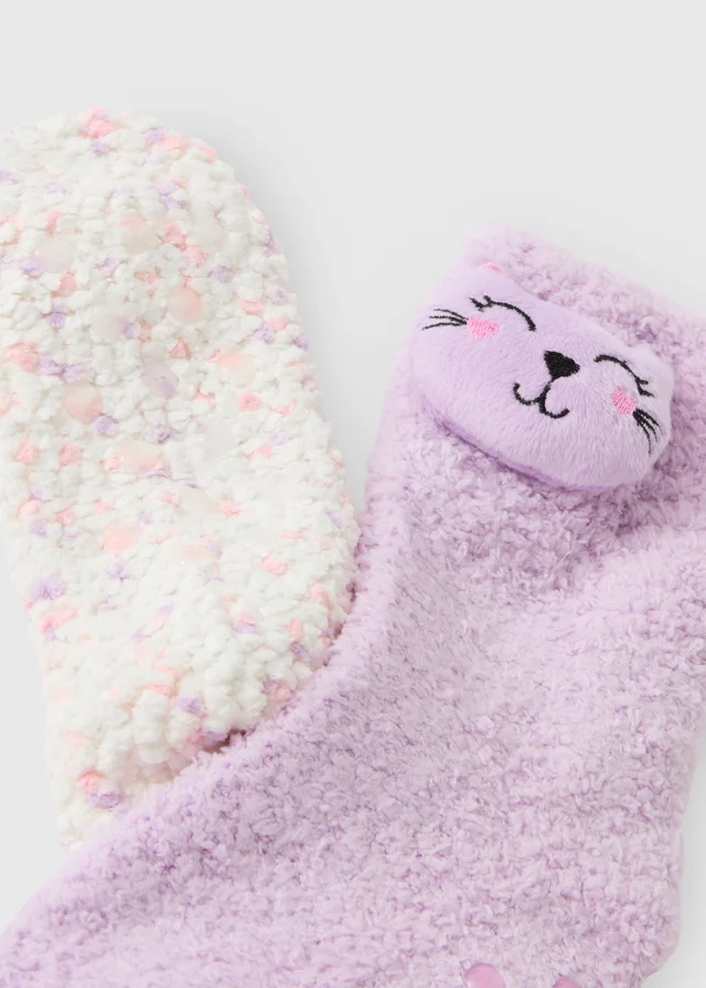 Girls Lilac Cat & Fleece Socks 2 Pack