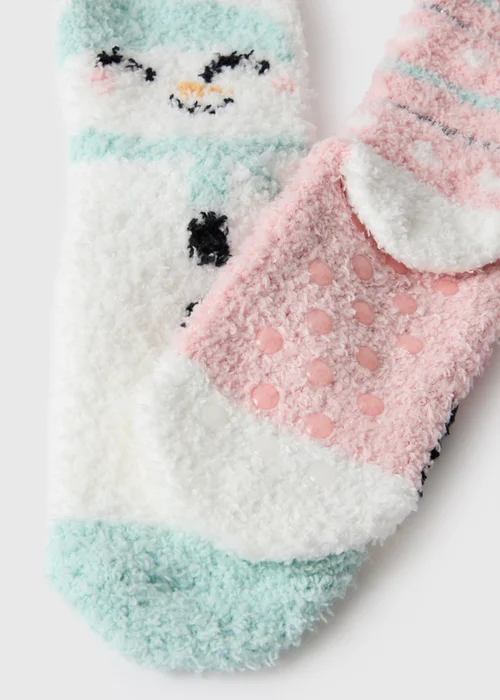 2 Pack Girls Pink/Green Fluffy Slipper Socks (Younger 4-Older 3) - 6-8.5 Image 2