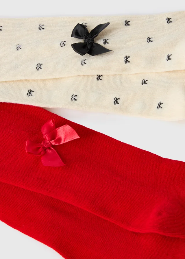 2 Pack Girls Red/Cream Christmas Tights (2-11 yrs)