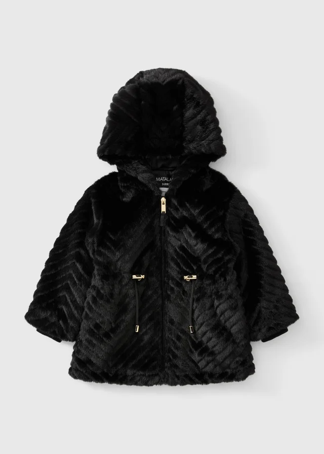 Girls' Black Chevron Faux Fur Tiered Coat (1-8 Yrs)