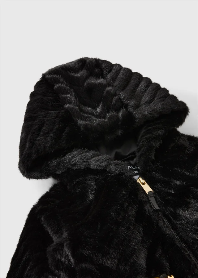 Girls' Black Chevron Faux Fur Tiered Coat (1-8 Yrs)