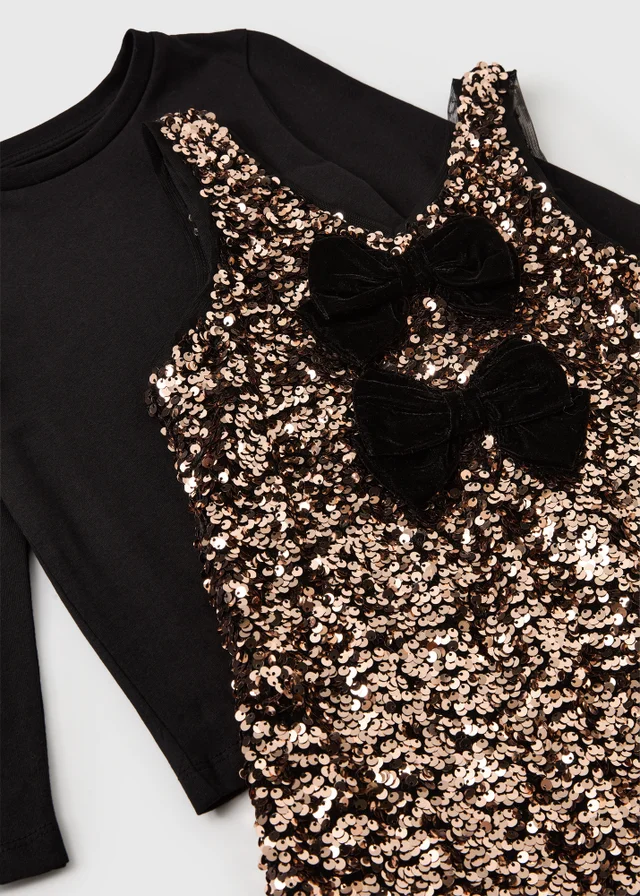 Girls Gold Sequin Pinafore Dress & Black T-Shirt Set (1-8yrs)
