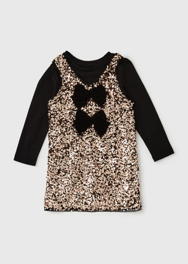 Girls Gold Sequin Pinafore Dress & Black T-Shirt Set (1-8yrs)
