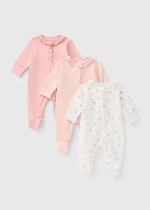 3 Pack Baby Pink & Cream Sleepsuits (0-23 mths) - First Size Image 1