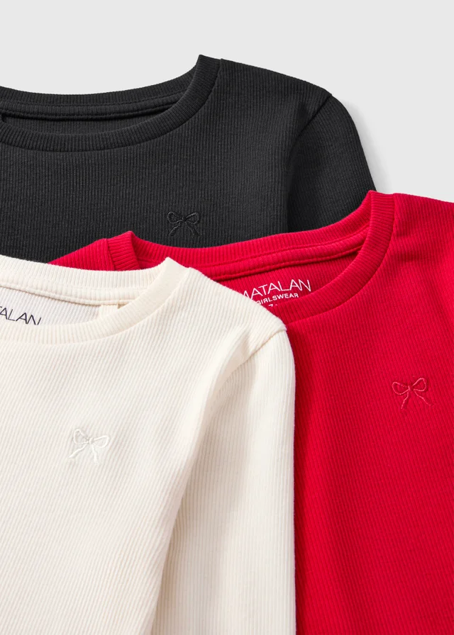 3 Pack Girls Ribbed Long Sleeve Tops (7-15 Yrs)
