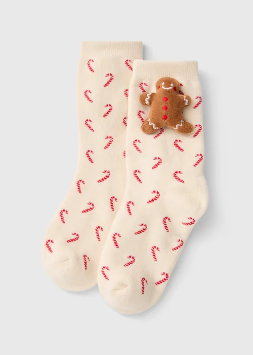 Girls Cream 3D Gingerbread Socks (Younger 6 - Older 6.5) - 6-8.5 Image 1