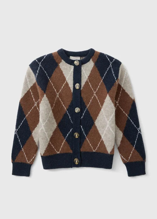 Girls' Navy & Brown Argyle Knit Cardigan (7-15 Yrs) - 7 Yrs Image 1