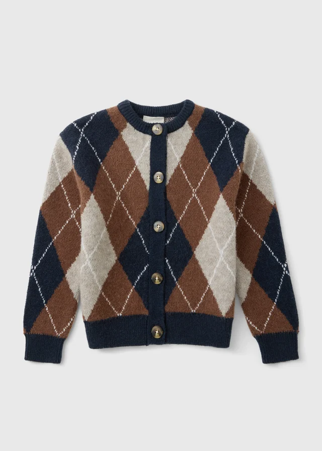 Girls' Navy & Brown Argyle Knit Cardigan (7-15 Yrs)