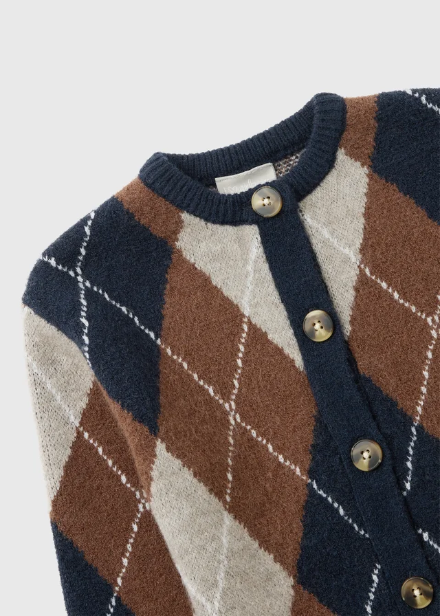 Girls' Navy & Brown Argyle Knit Cardigan (7-15 Yrs)