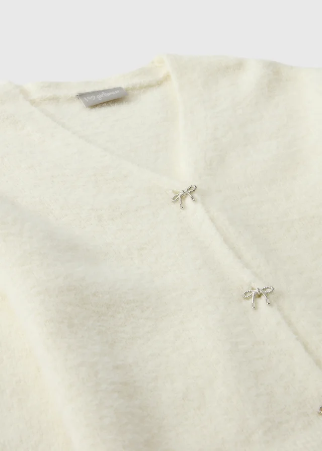 Girls Cream Fluffy Bow Knitted Cardigan (7-15yrs)