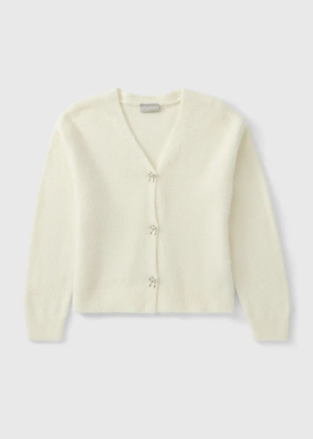 Girls Cream Fluffy Bow Knitted Cardigan (7-15yrs)