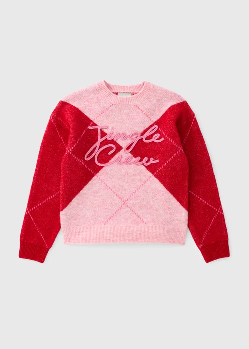 Girls Burgundy Argyle Jingle Crew Mini Me Christmas Jumper (7-15yrs) - 7 Yrs Image 1