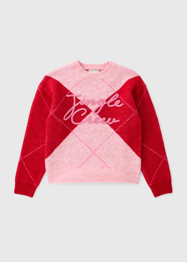 Girls Burgundy Argyle Jingle Crew Mini Me Christmas Jumper (7-15yrs)