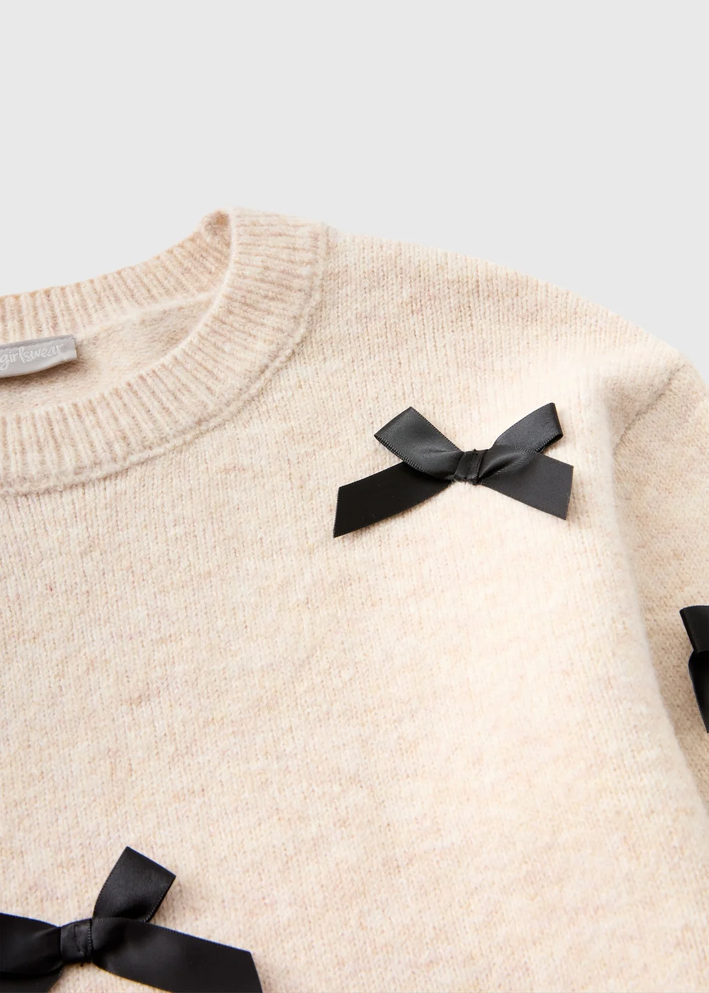 Girls Oatmeal Satin Bow Knit Jumper (7-15yrs) - 7 Yrs Image 2