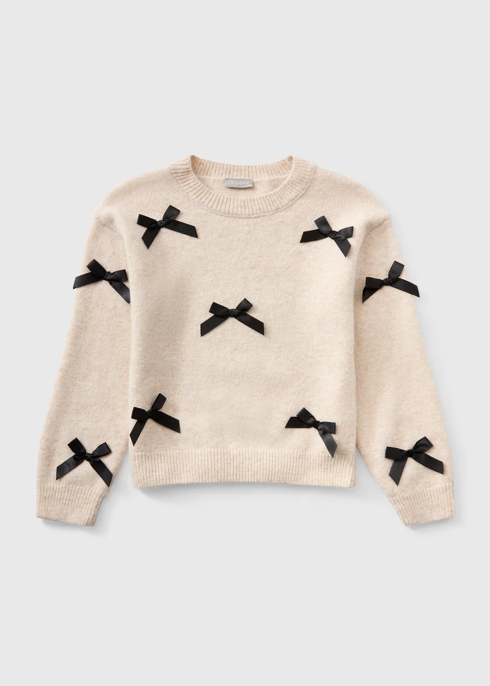 Girls Oatmeal Satin Bow Knit Jumper (7-15yrs) - 7 Yrs Image 1