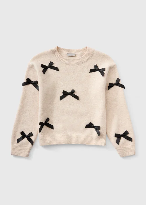Girls Oatmeal Satin Bow Knit Jumper (7-15yrs) - 7 Yrs Image 1