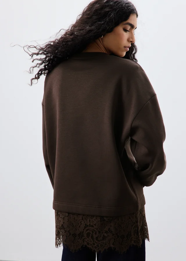Chocolate Brown Lace Trim Sweatshirt