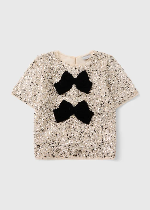 Girls Champagne Sequin Bow Top (7-15 Yrs) - 8 Yrs Image 1