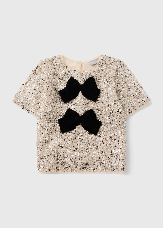 Girls Champagne Sequin Bow Top (7-15 Yrs)