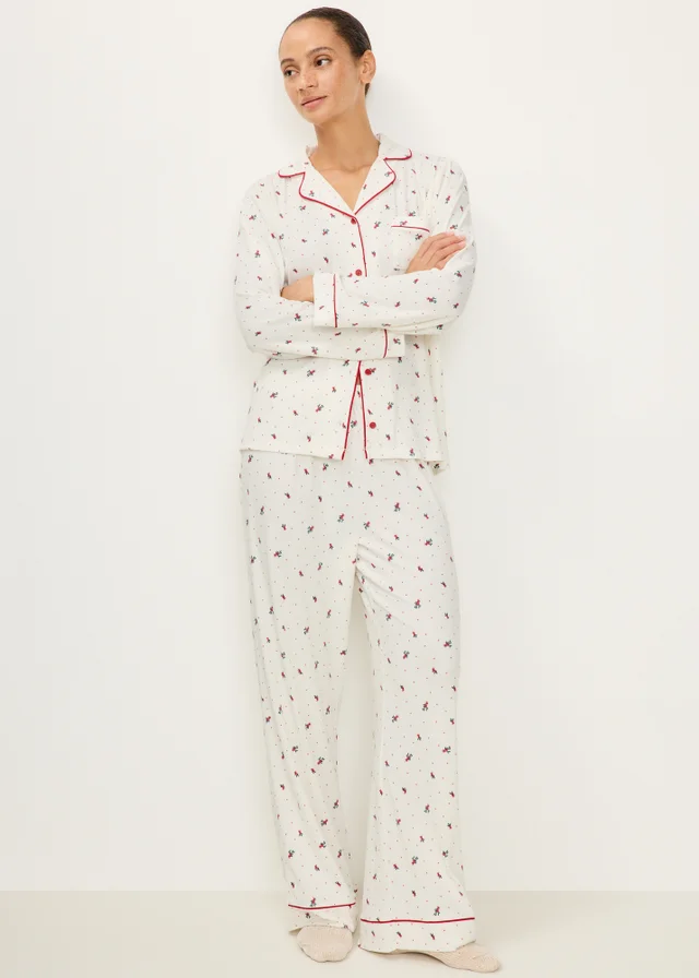 Cream Holly Print Ribbed Christmas Pyjamas