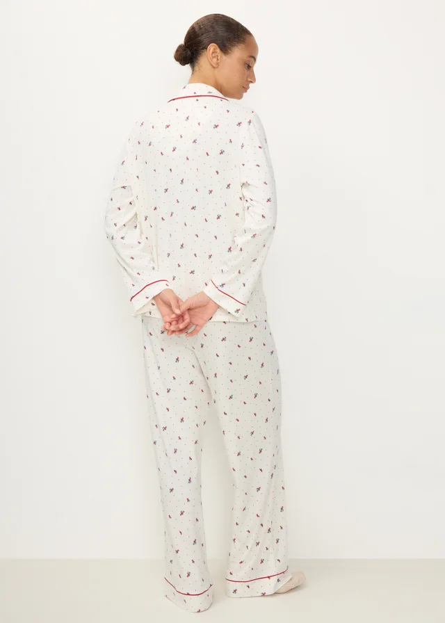 Cream Holly Print Ribbed Christmas Pyjamas