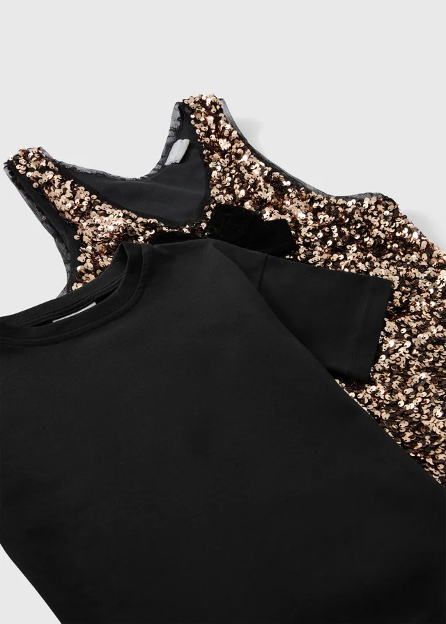 Girls Gold Sequin Dress & Black T-Shirt (7-15 yrs)